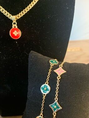 Gold plated 14k Multi-Color Enamel Pendant Necklace and Bracelet Set